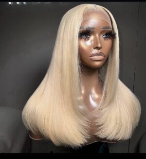 16 inches blonde layered bonestraight 5by5 closure wig
