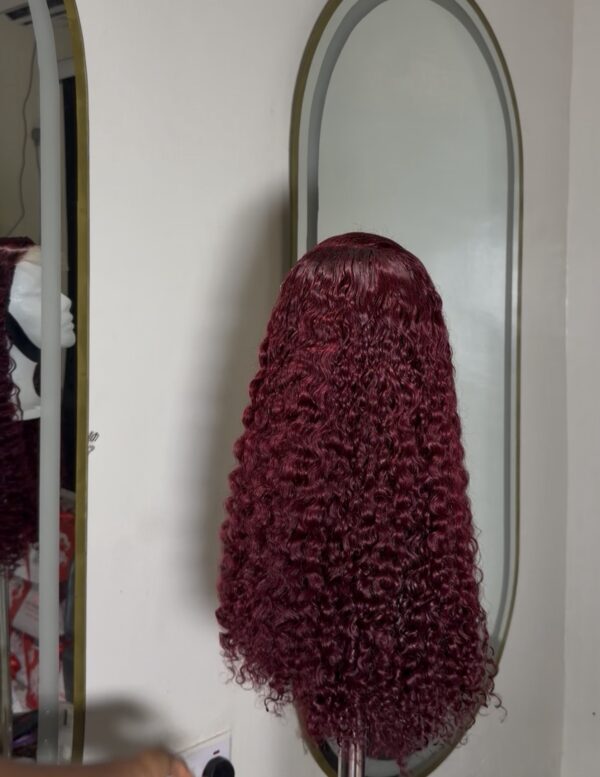 20 inches wine pixie curl paired with a 5by5 closure